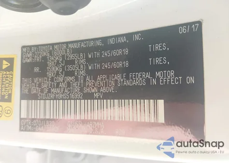 2017 Toyota Highlander Xle z USA, uszkodzony, nr VIN 5TDJZRFH9HS516992